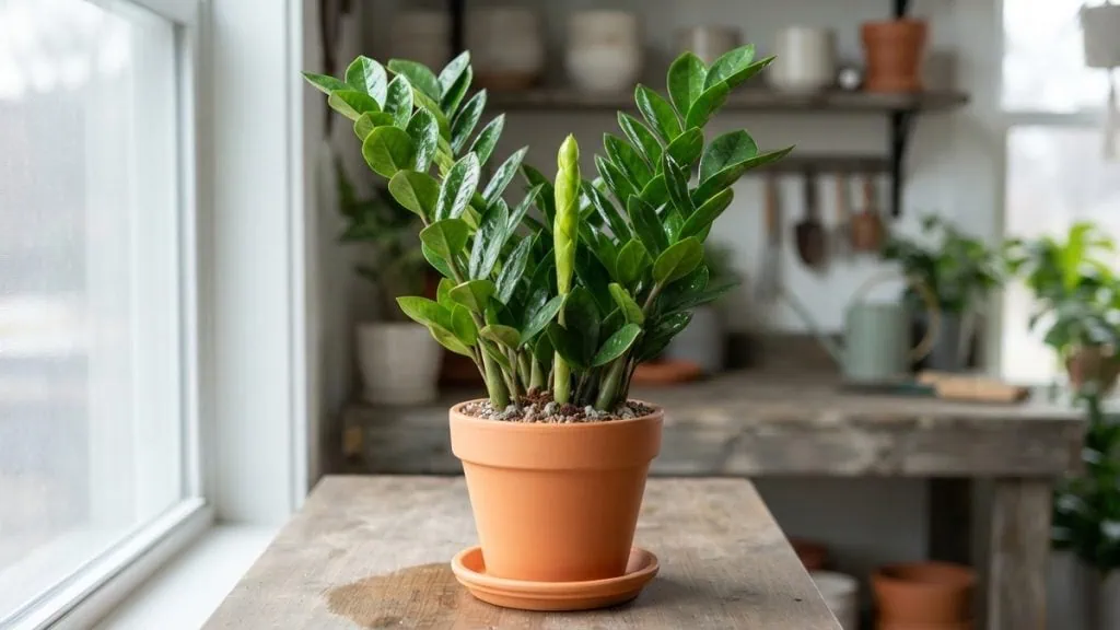 How much light does a ZZ plant need? A glossy Zamioculcas zamiifolia thriving in bright, indirect light at a window.