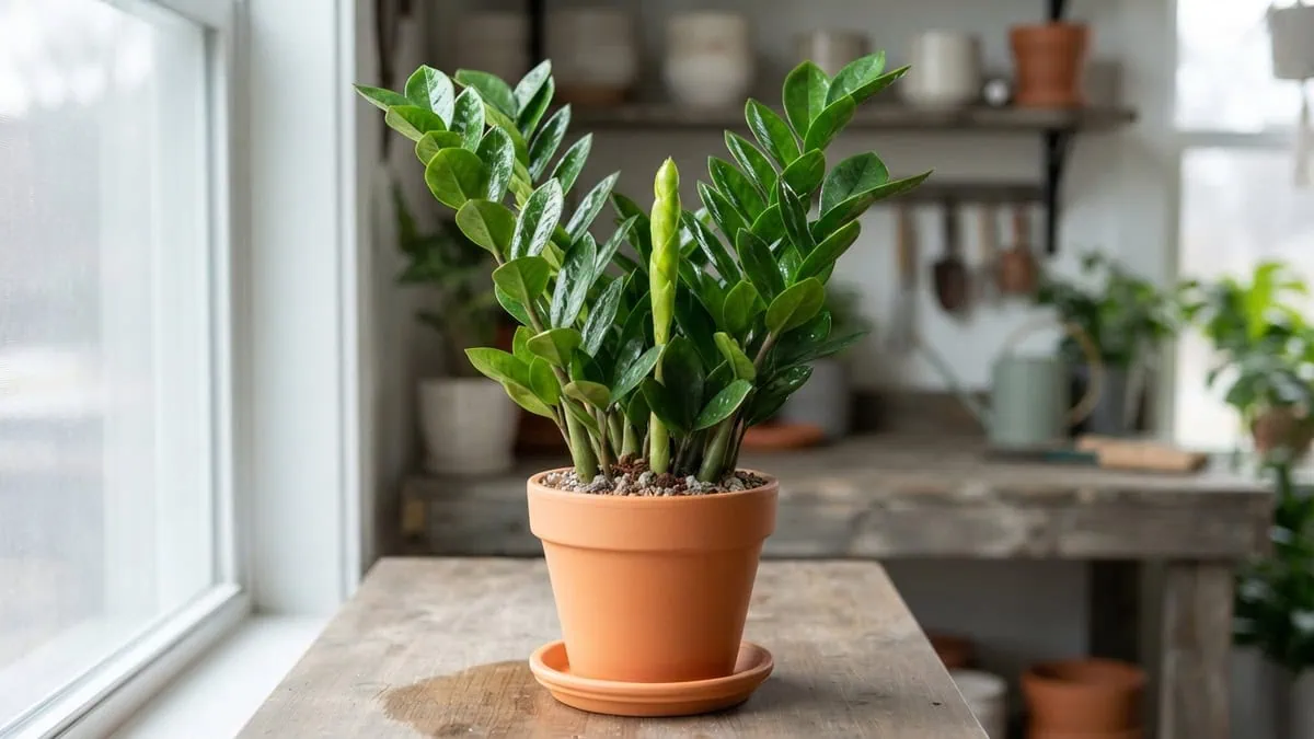 How much light does a ZZ plant need? A glossy Zamioculcas zamiifolia thriving in bright, indirect light at a window.