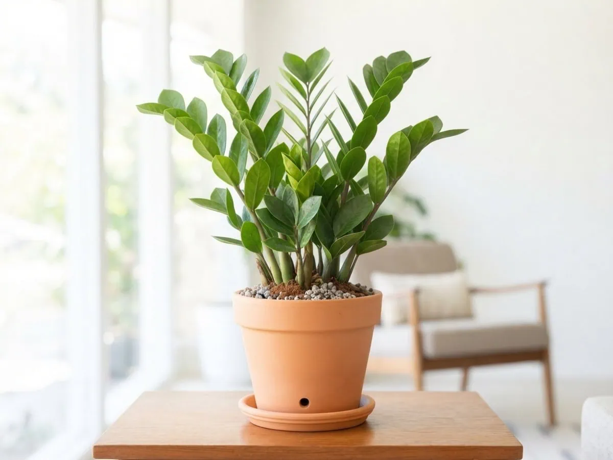 A calm, healthy ZZ plant at rest through a normal spurt cycle, its glossy green stalks arching from a terracotta pot.