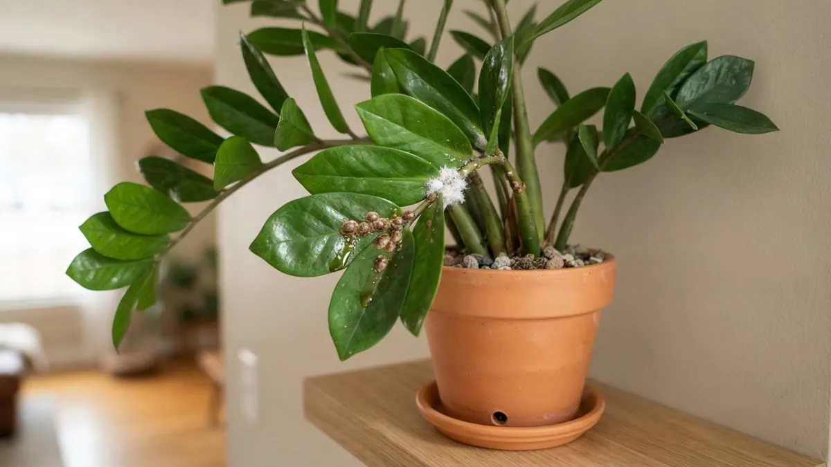 How to get rid of pests on a ZZ plant — a Zamioculcas zamiifolia stalk shows brown scale and sticky honeydew.
