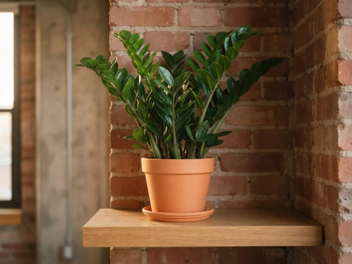 Macro view of a glossy ZZ plant set high on a shelf for pet safety, up out of a curious pet's reach.