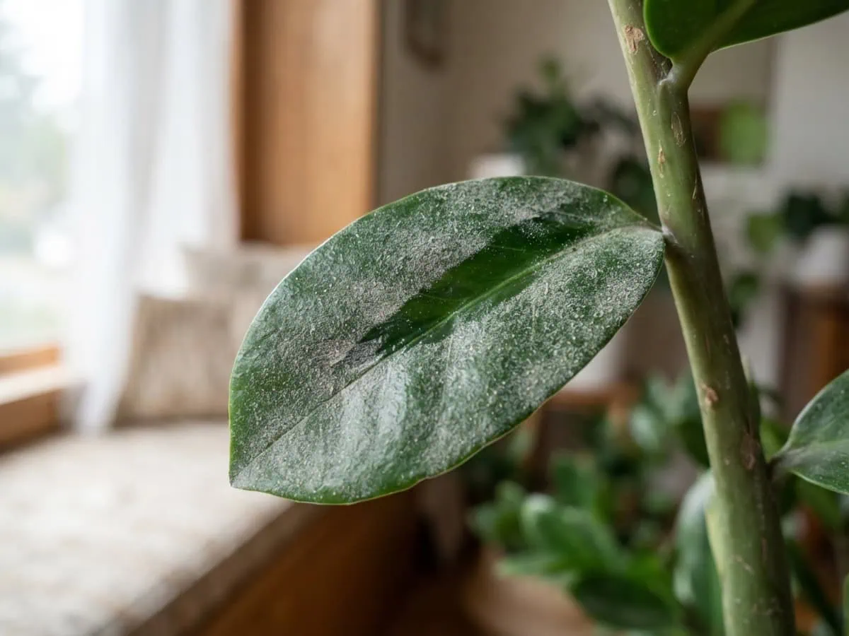 Close-up of powdery mildew, a dry white coating, dusting the upper face of a glossy ZZ plant leaflet.