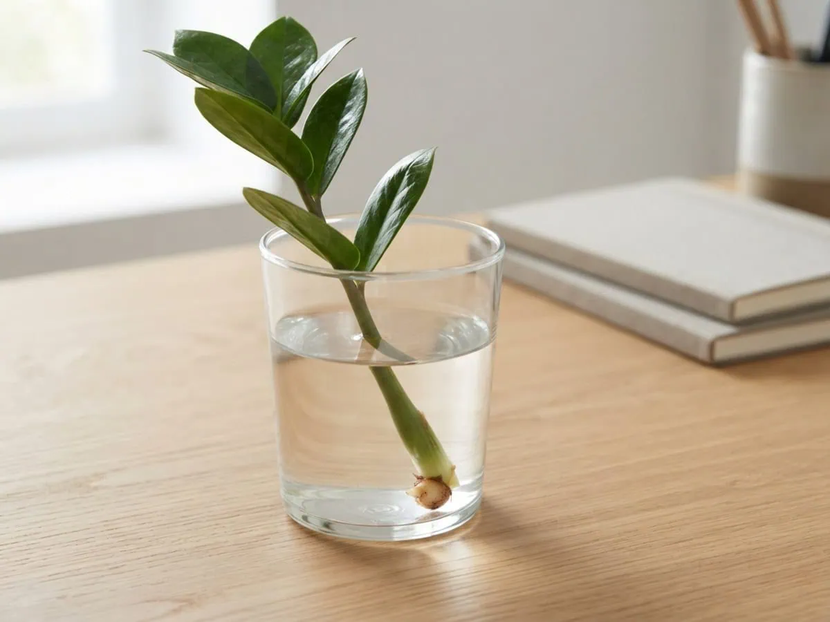 Place a bare ZZ plant stem cutting in a clear glass of water, its lowest leaflets stripped below the water line.