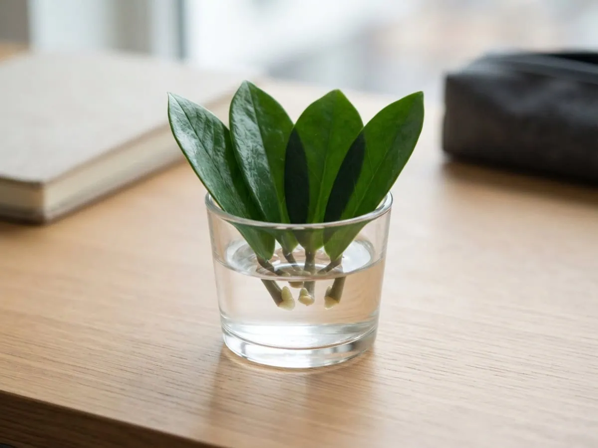 Place three to five single ZZ plant leaflets in a shallow glass of water, each keeping its basal nub.