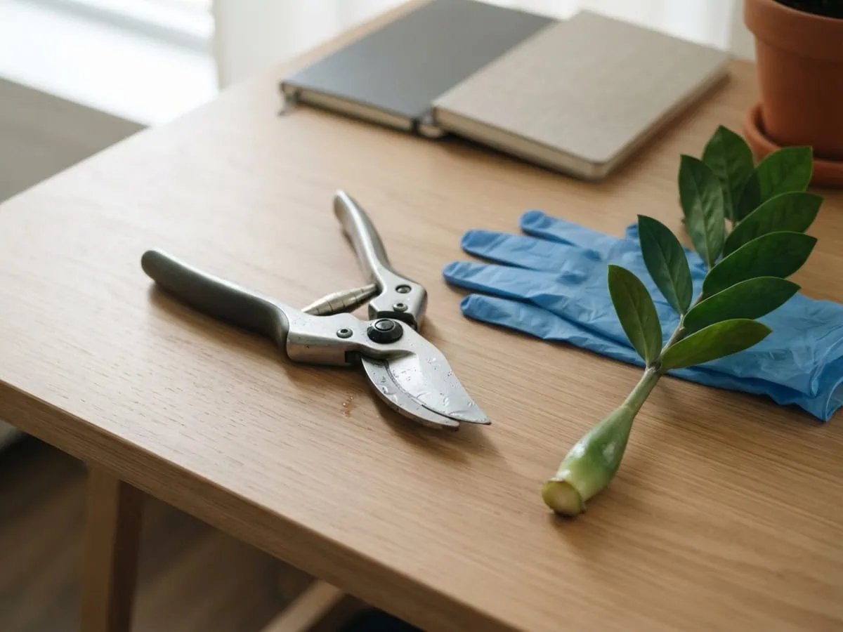 Close-up of sterile bypass shears and nitrile gloves laid out before ZZ plant propagation, beside a freshly cut leaf stalk.