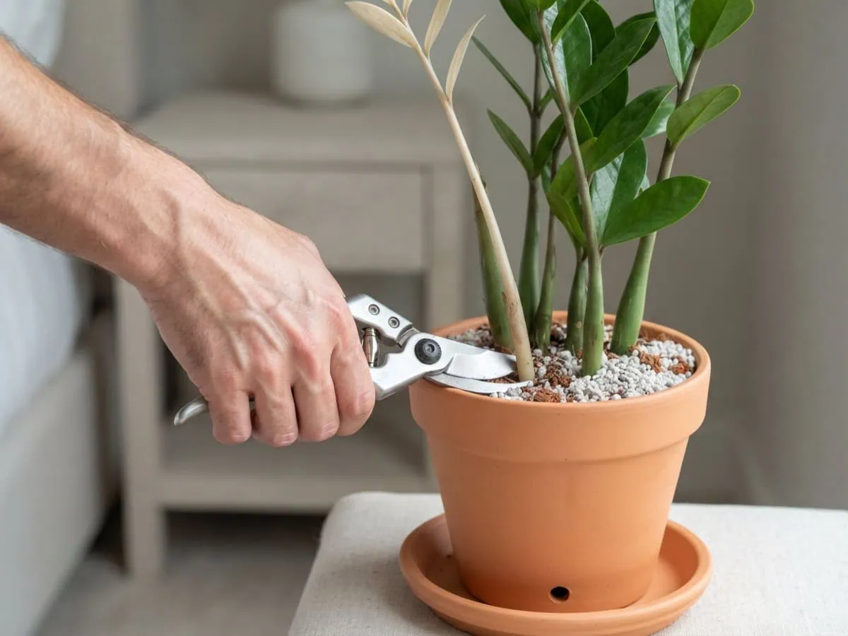 Close-up of sterilized bypass shears about to prune a leggy ZZ plant stalk flush at soil level, firm stalks standing behind.