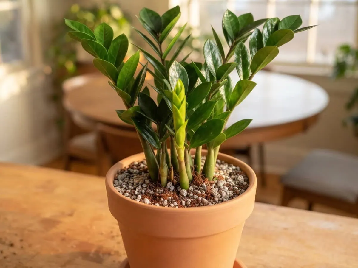 Close-up of a ZZ plant settling back in after repotting, a fresh lime-green spear rising above the dry pumice top-dressing.