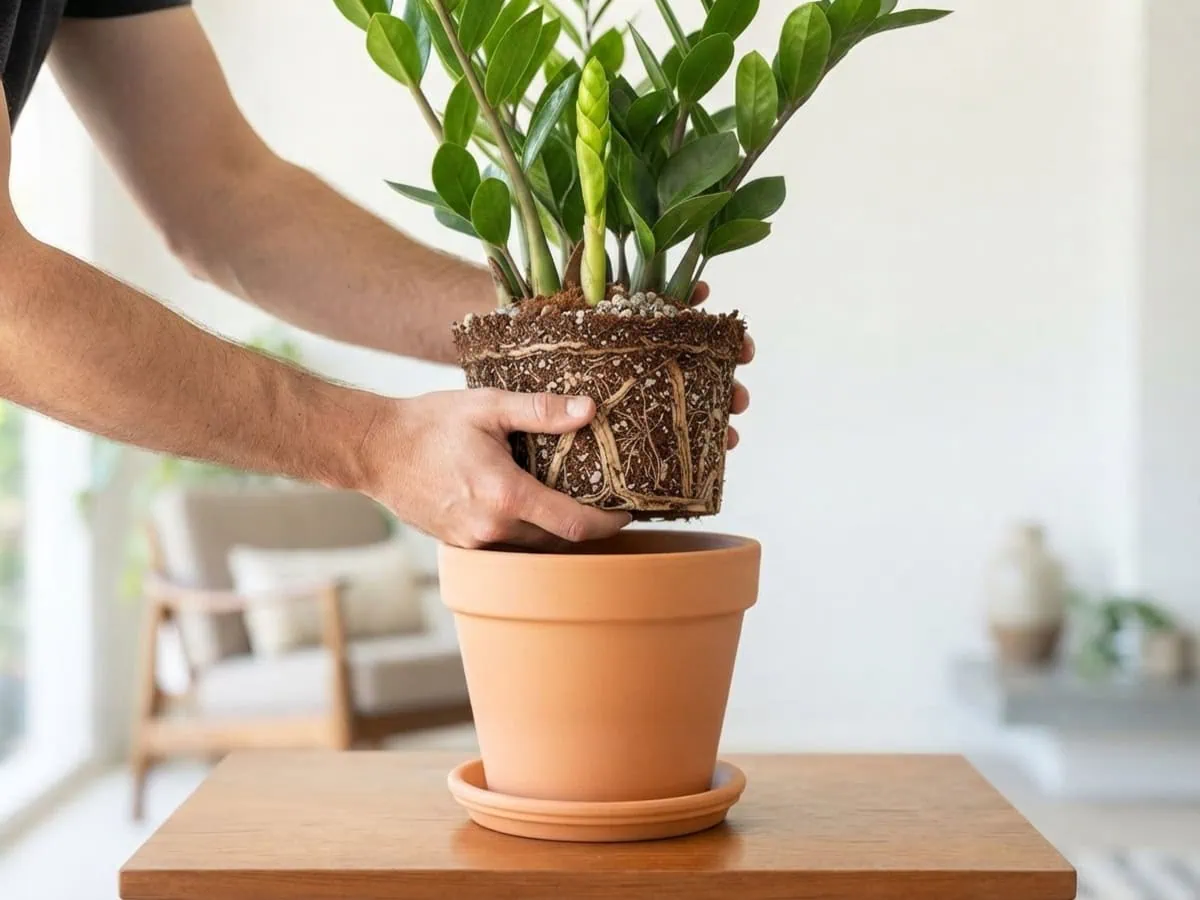 A ZZ plant's root ball eased up out of its pot, the repot trigger — root-bound rhizomes packed hard at the edge.
