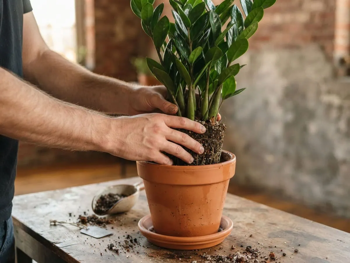 Macro view of both hands cradling a ZZ plant root ball, firm pale rhizomes in a gritty mix beside a terracotta pot.