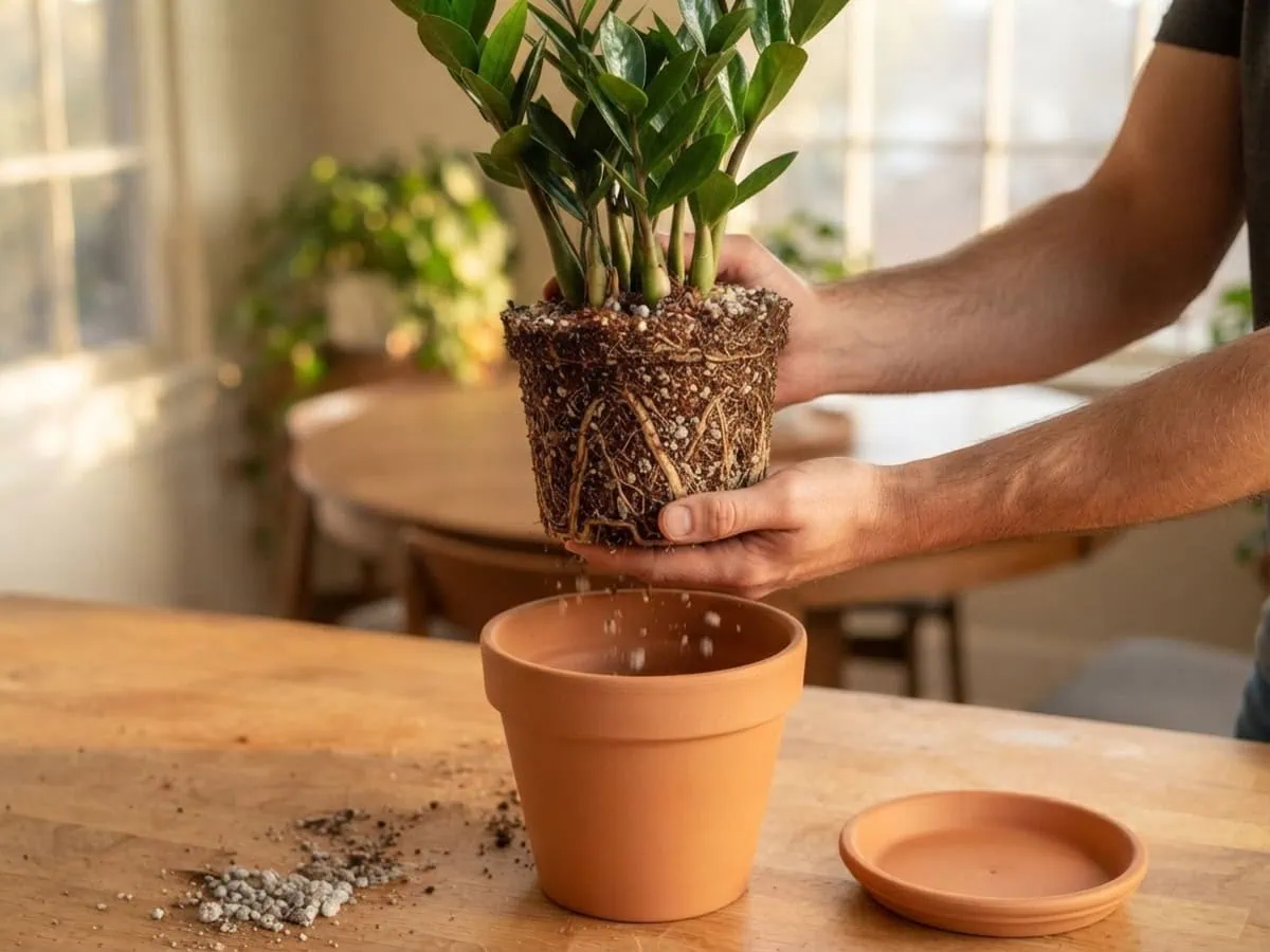 Ease a ZZ plant free of its pot, two bare hands cradling the pale rhizome as dry gritty mix crumbles away.