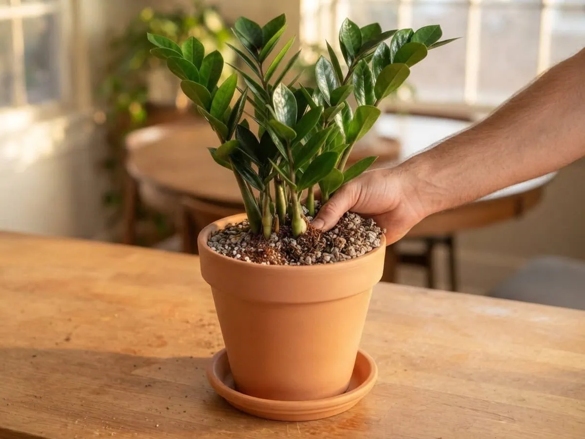 Place a firm pale ZZ plant rhizome into a new terracotta pot of gritty mix, no gravel layer beneath.