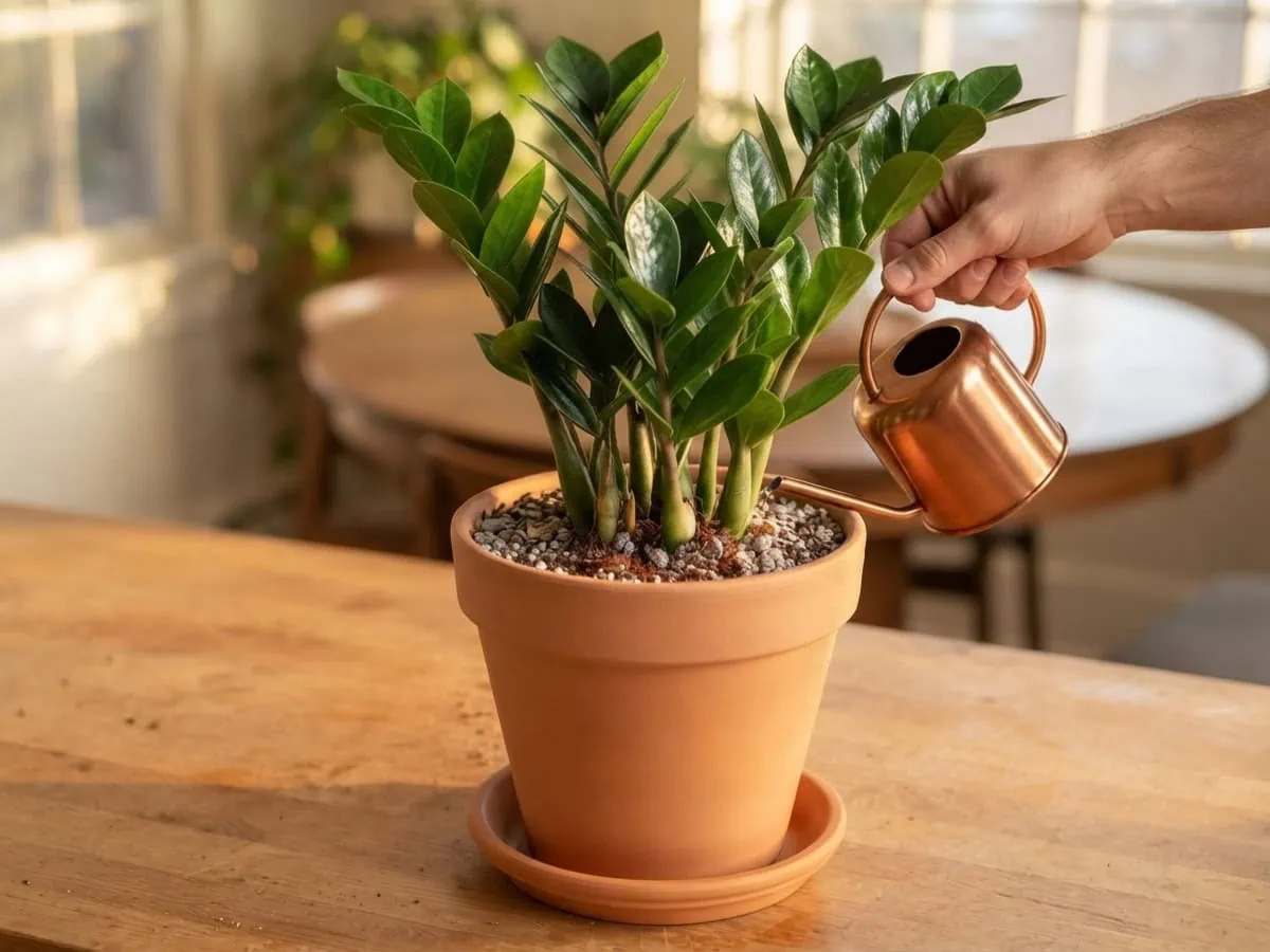 Water a just-repotted ZZ plant sparingly, a thin trickle from a small can onto the fresh gritty mix.