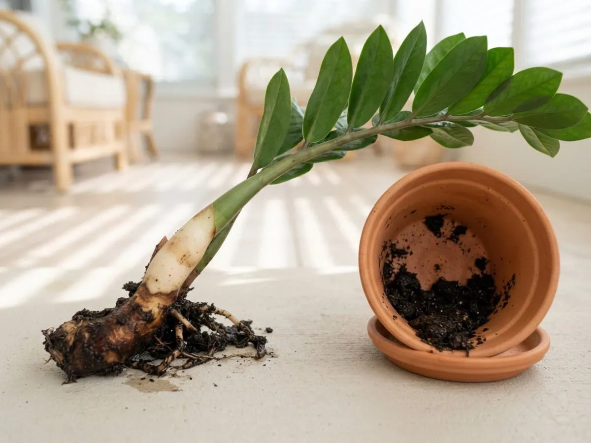 Macro view of a de-potted ZZ rhizome from waterlogged soil, its base water-soaked and browning where the rot starts