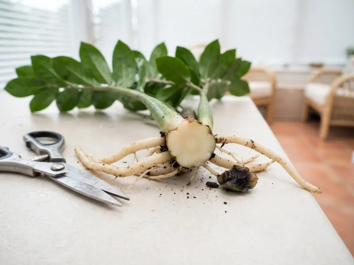 Close-up of sterile scissors beside a ZZ rhizome cut back to firm pale tissue, the black mushy rot severed and set aside