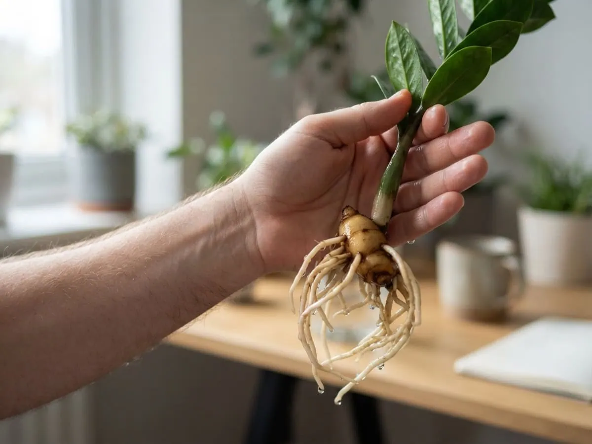 Macro view of a water-rooted ZZ plant cutting held in one hand, pale roots about 1 to 2 inches long fanning from the rhizome.