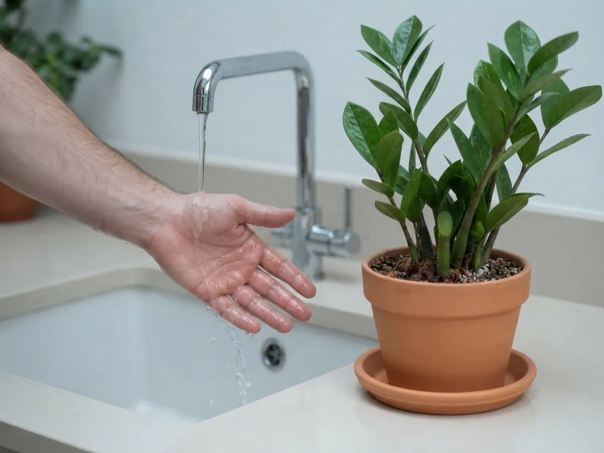 Close-up of a bare hand rinsing ZZ plant sap off the skin under cool running water at a plain sink.