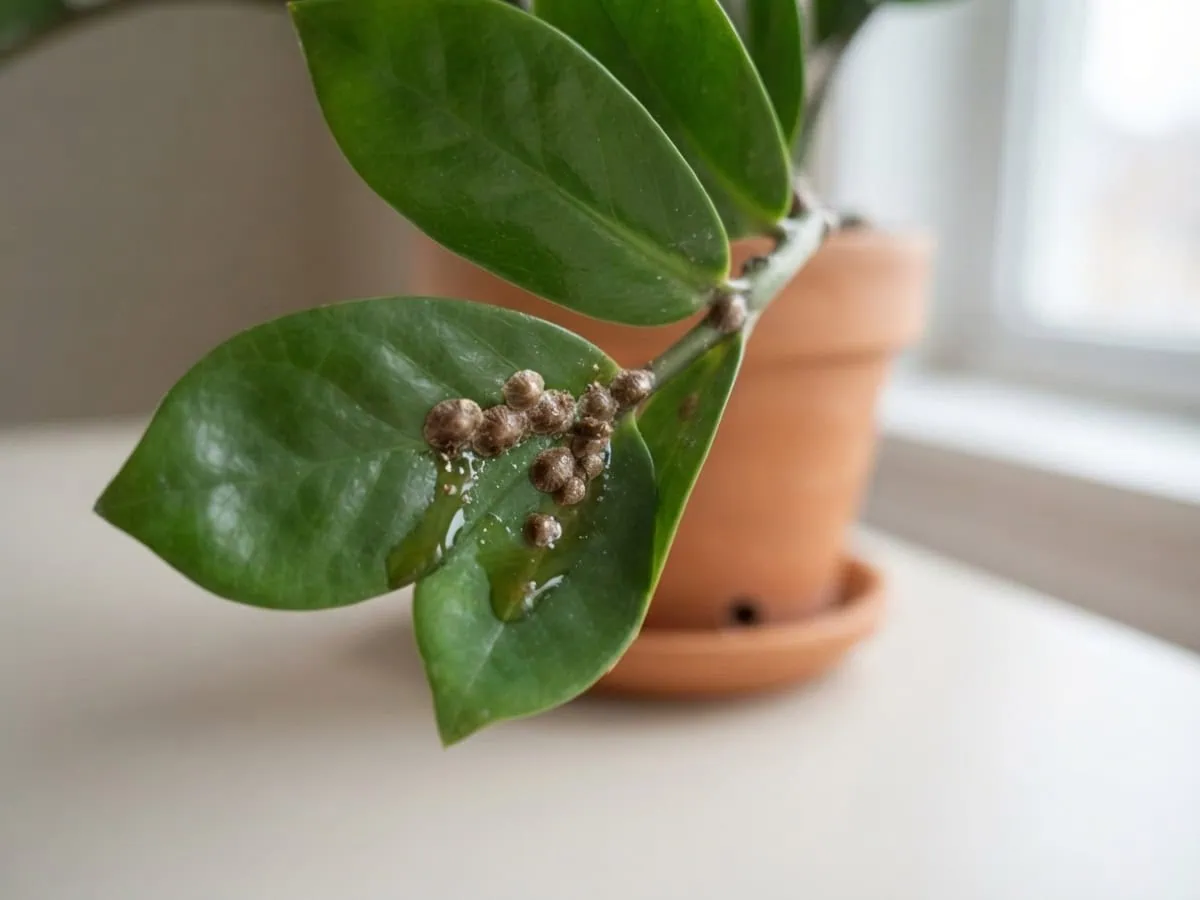 Macro close-up of hard brown scale bumps and sticky honeydew on a glossy ZZ plant stalk — how to identify the pest.