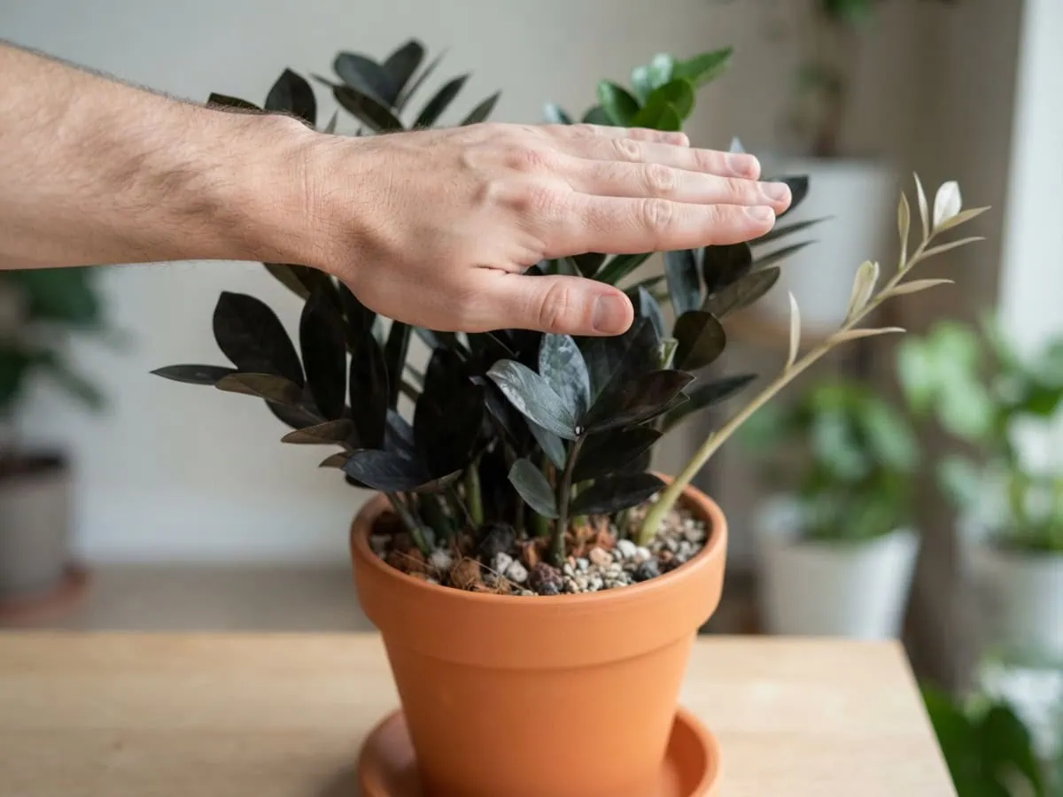 Macro view of a hand casting a soft shadow to test light on a ZZ plant, beside a pale, stretched, light-starved stalk.