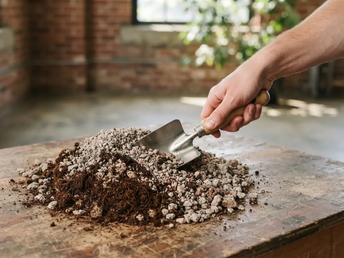 Close-up of a ZZ plant soil mix scoop split by a trowel to show pale pumice grit against dark coco coir.