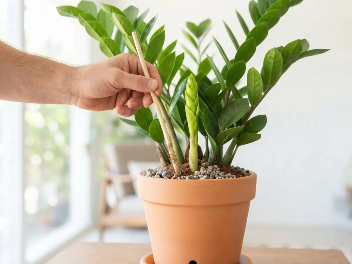 Close-up of a wooden dowel checking soil moisture deep in a ZZ plant's gritty terracotta pot, dry grit on the tip.