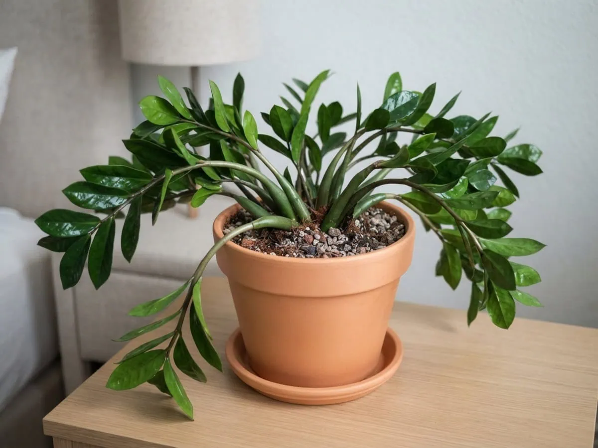 A ZZ plant clump splayed wide open - the way stalks bend, splay, and tip - with one glossy stalk flopped over the pot rim.