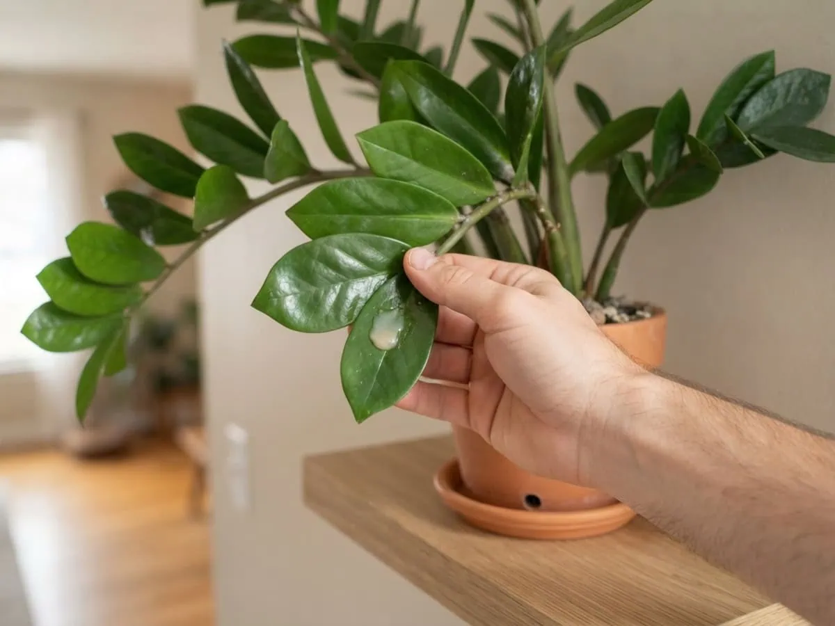 Close-up of a spot test on one ZZ plant leaflet, a dab of soap drying — the pest-control step the myths skip.