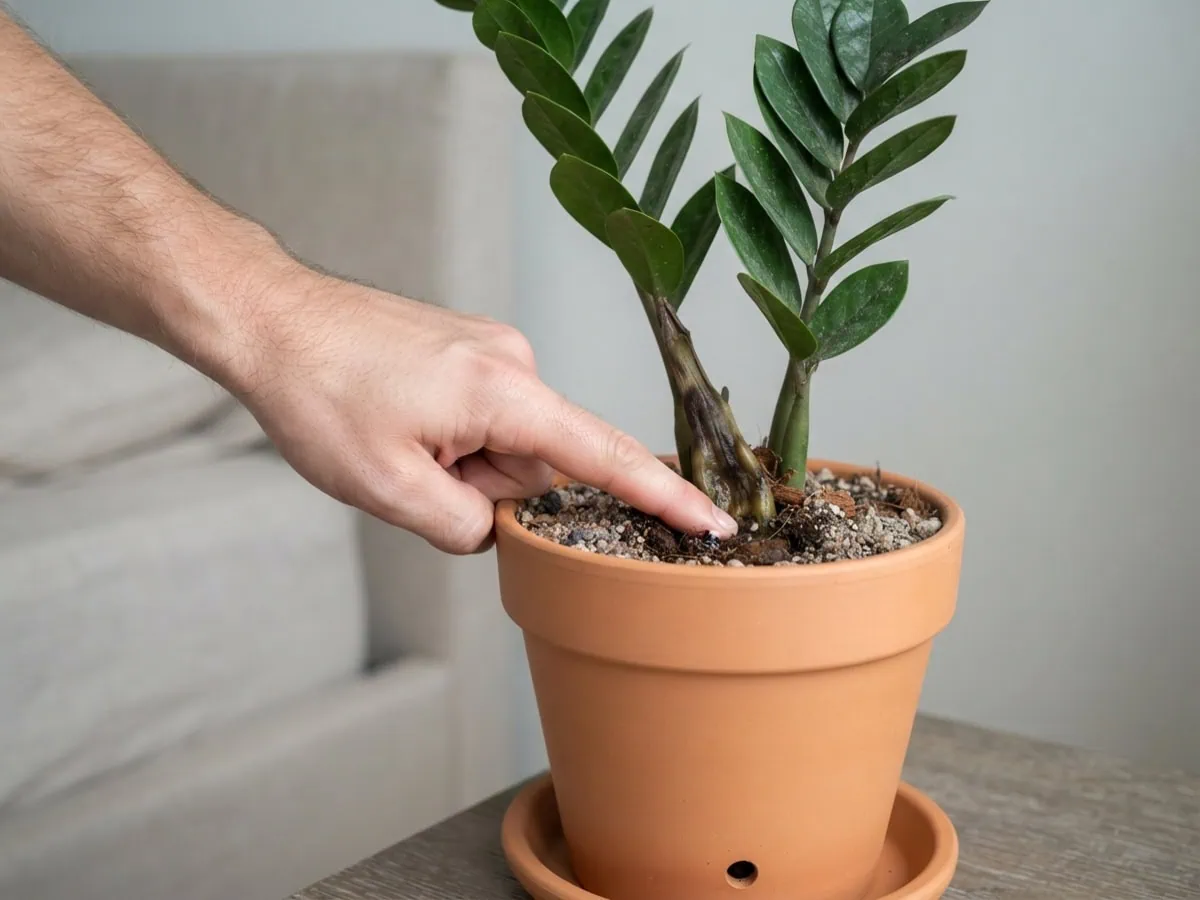 Close-up of a fingertip pressing a leaning ZZ plant stalk base to tell a wilt from a structural collapse, the base soft.