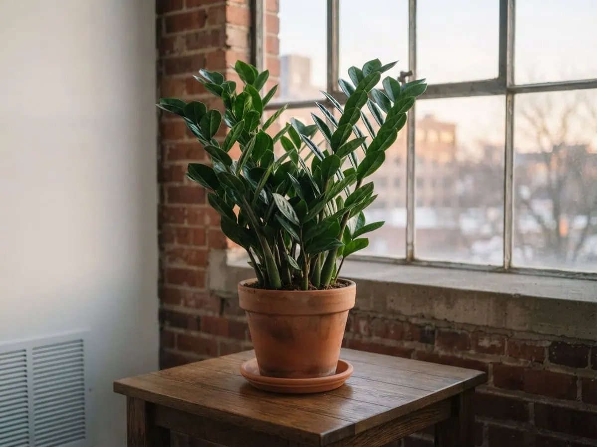 Macro view of a glossy ZZ plant set a few feet away from a cold window and clear of a vent for safe temperature.