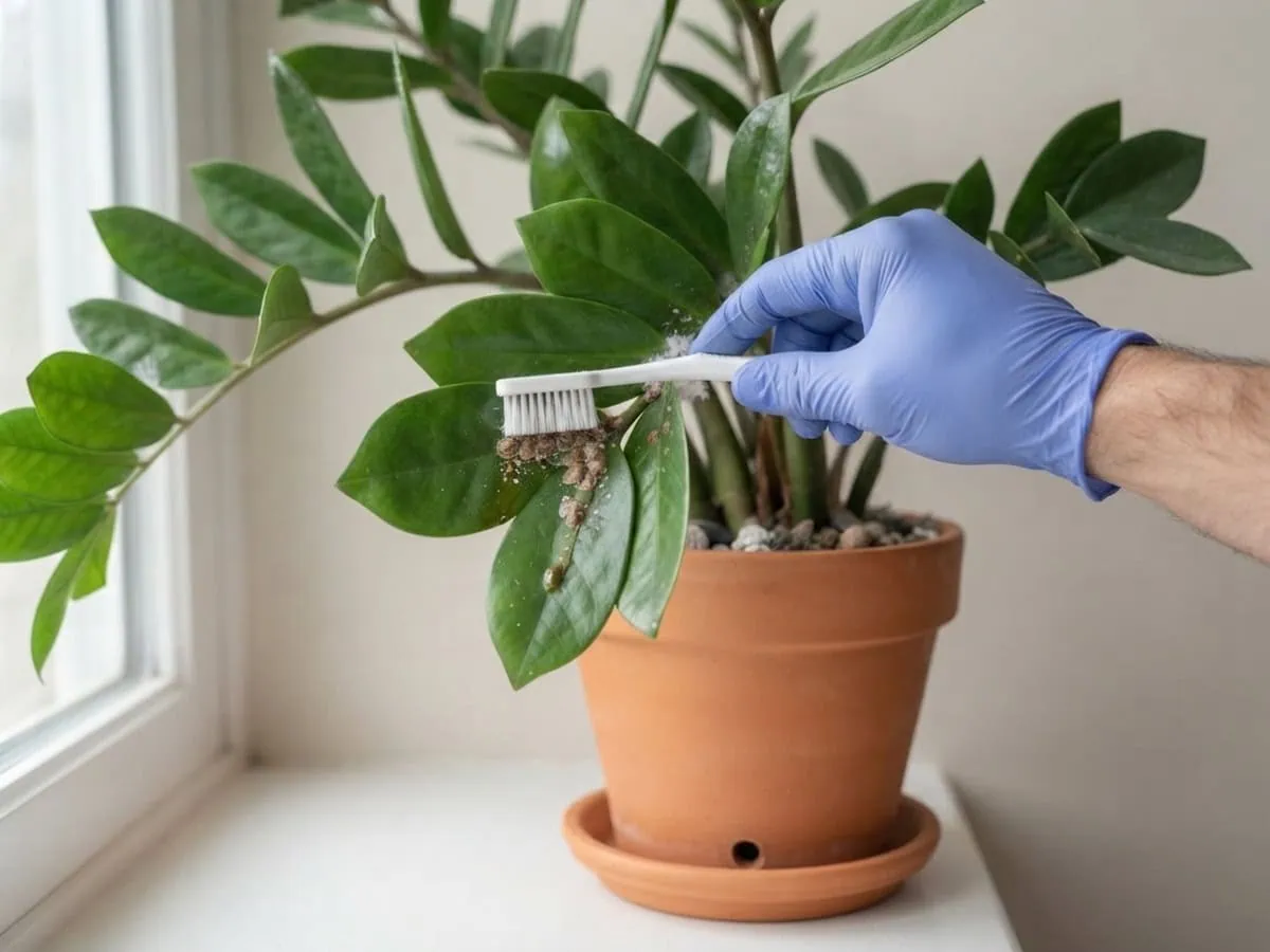 Close-up of a gloved hand brushing scale from a ZZ plant leaf-stalk crevice with a toothbrush to clear the infestation.