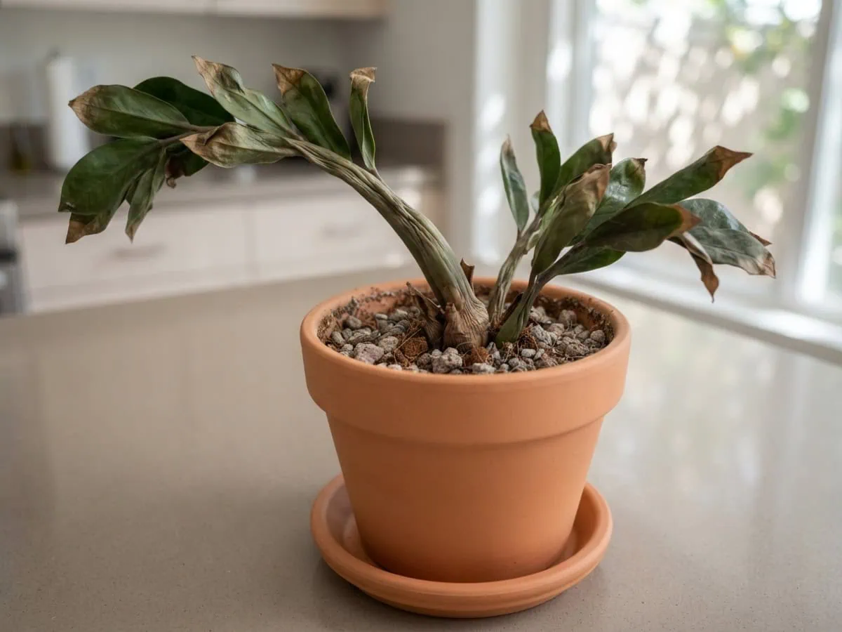 Close-up of a wrinkled, shriveled underwatered ZZ plant stalk with dry brown tips in bone-dry gritty mix.
