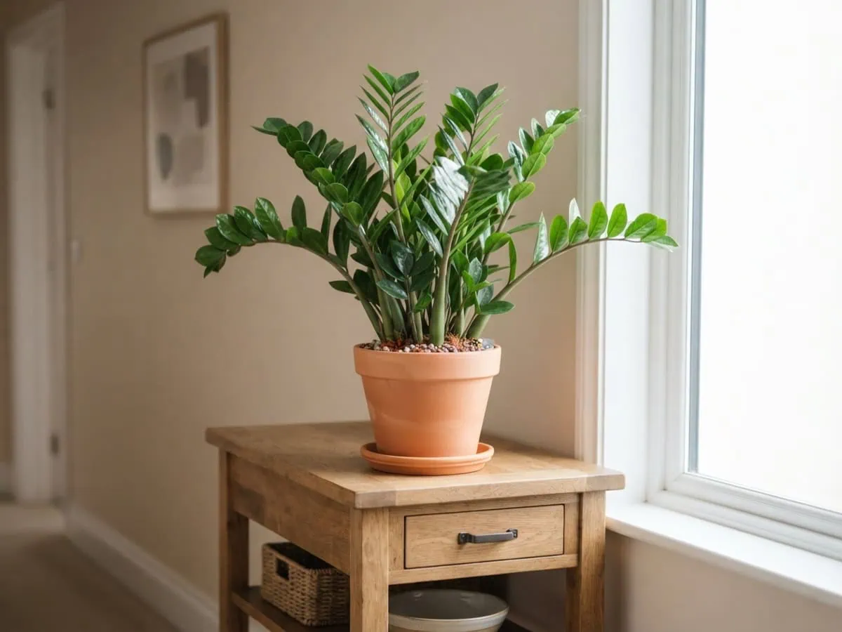 Close-up of a ZZ plant in bright window light, one of the variables that shift its watering interval.