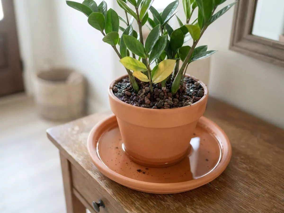 Close-up of a ZZ plant pot standing in a saucer of pooled water, the overwatering mistake to avoid.