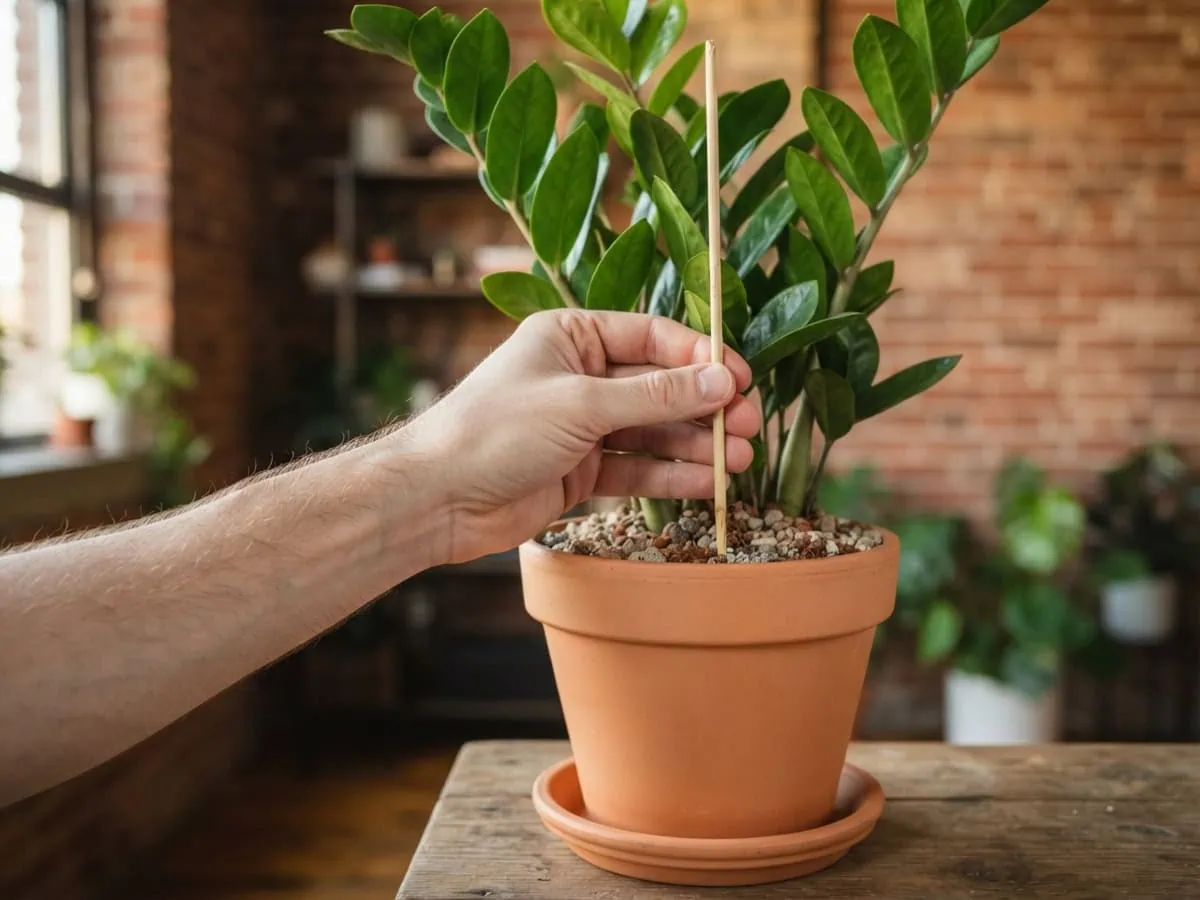 Close-up of a hand drawing a bamboo skewer from a ZZ plant pot, the dry check that tells when the soil is truly dry.