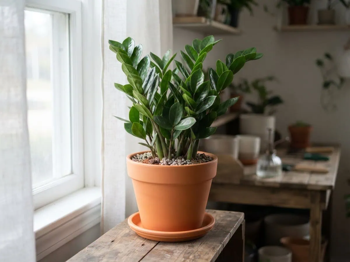 A ZZ plant at a few feet of setback from a bright window with a sheer curtain, showing the right window placement and distance.