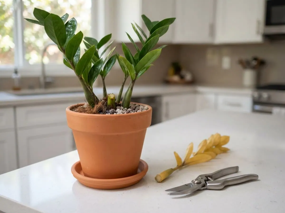 Close-up of a fully yellowed ZZ plant stalk cut off low at the soil line with clean scissors, firm green stalks alongside.