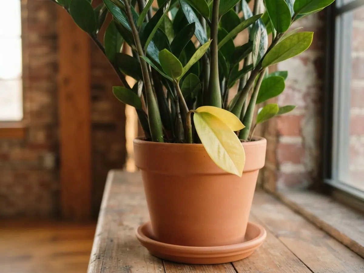 Close-up of one yellowing lower leaflet on an otherwise glossy ZZ plant, the normal aging drop of a spent leaf.
