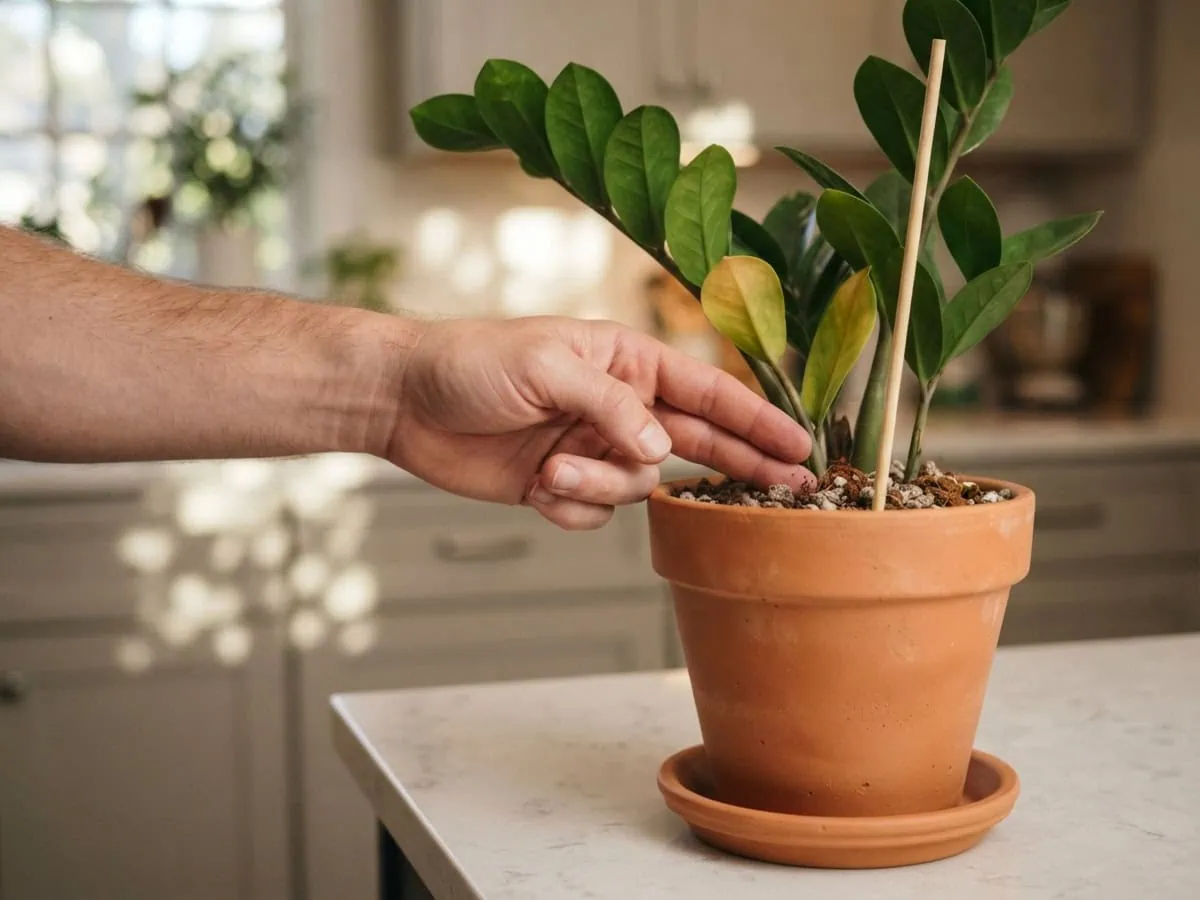 Close-up of a fingertip and a bamboo skewer checking soil moisture beside a yellowing lower ZZ plant leaflet.