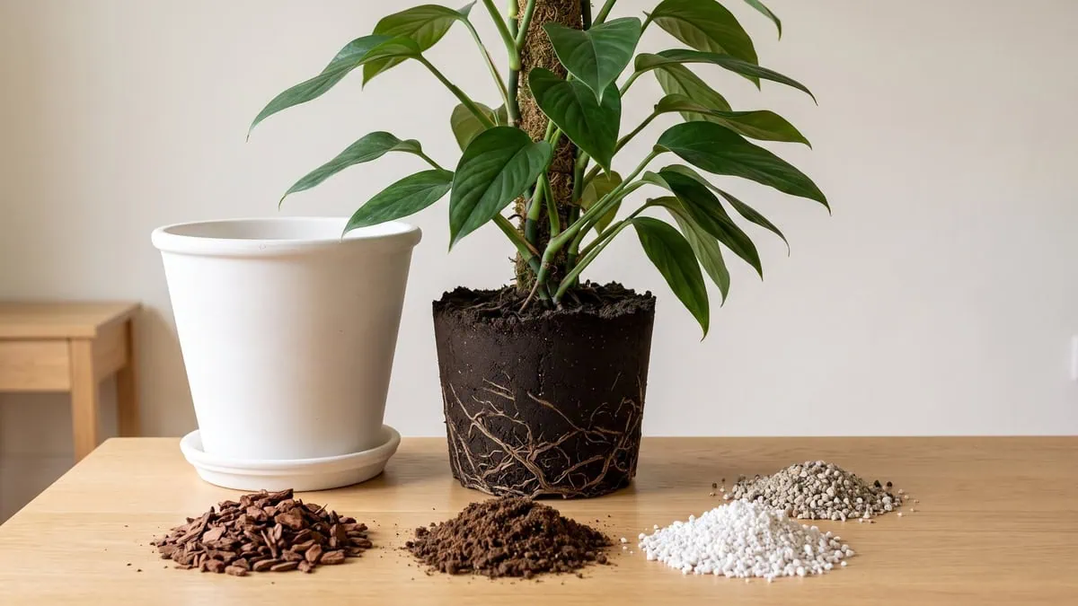 What is the best soil for a Monstera deliciosa? A solid pot-shaped block beside bark, peat, perlite and grit.