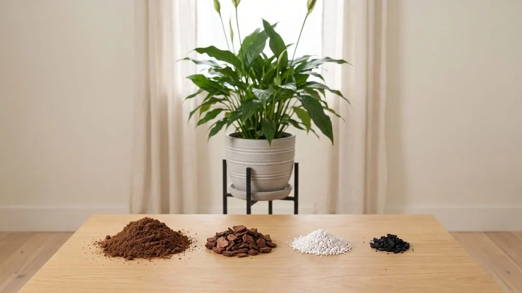 What is the best soil for a peace lily: four separate heaps laid out in a row, the peat heap plainly the largest.