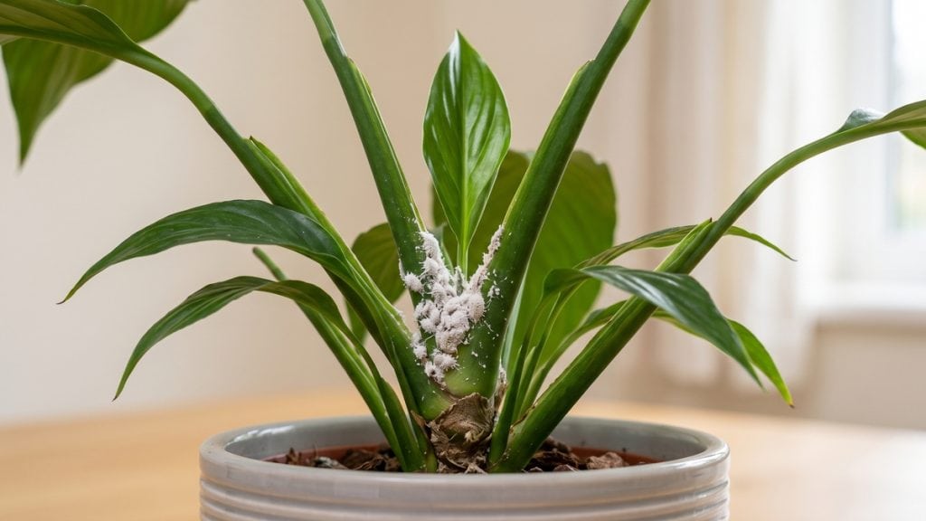 How to get rid of peace lily pests: white cottony clusters packed tight into the leaf joints of the clump.