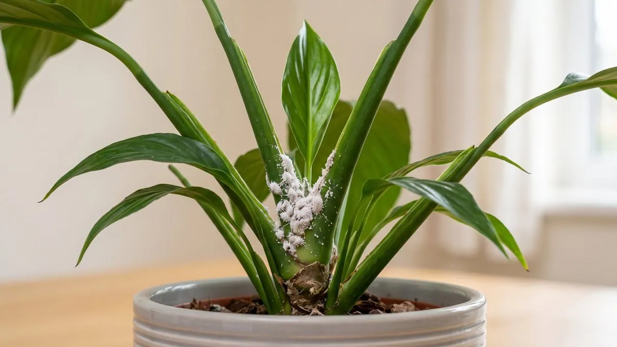 How to get rid of peace lily pests: white cottony clusters packed tight into the leaf joints of the clump.