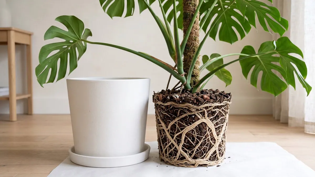 How and when to repot a Monstera deliciosa is read here: a pot-shaped root ball, pale roots circling.