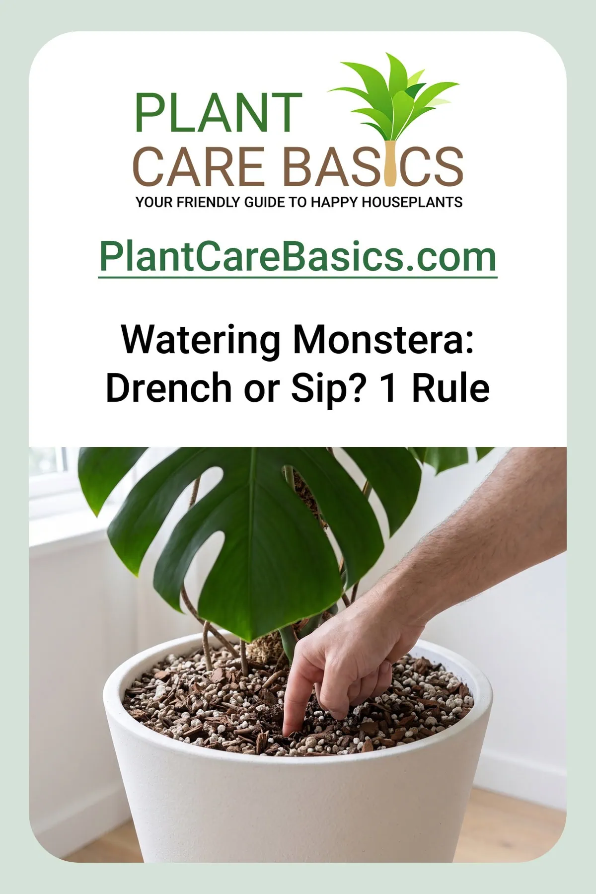 A finger pressed deep into the mix tests how often to water a Monstera deliciosa before the next drench.