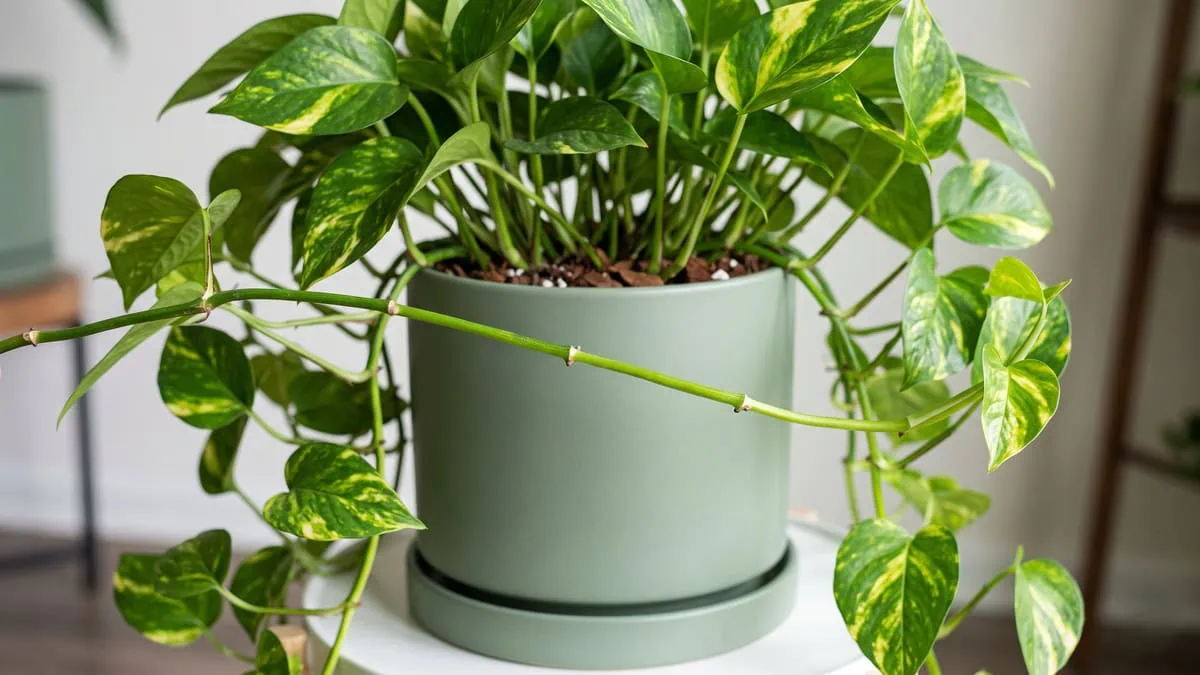 How to fix a leggy Pothos: one bare, stretched vine standing out from an otherwise full golden plant.