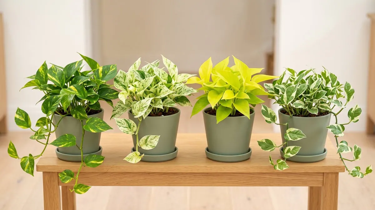How to identify Pothos varieties: four whole potted plants side by side on one table, one of each kind.