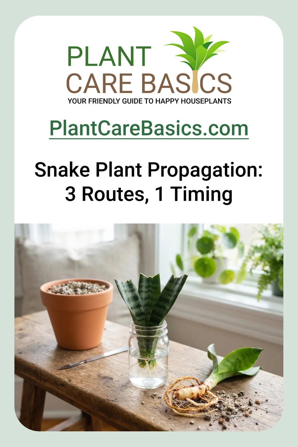 How to propagate a snake plant step by step: notched Dracaena trifasciata leaf sections rooting in a clear water jar.