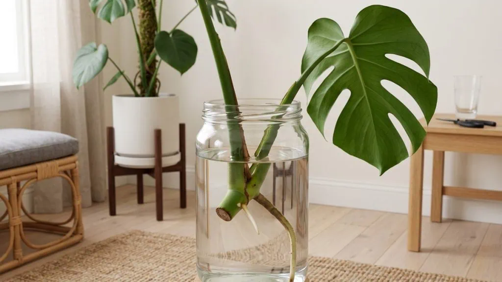 How to propagate a Monstera deliciosa from cuttings, shown in one glass: a node under water with a white root.