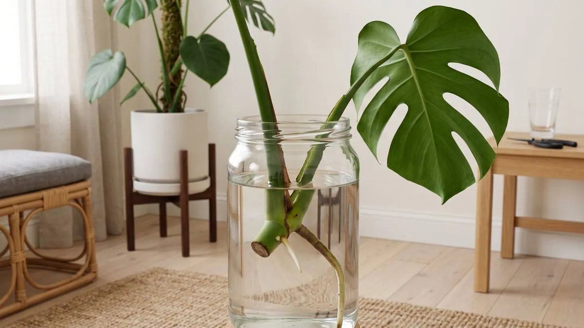 How to propagate a Monstera deliciosa from cuttings, shown in one glass: a node under water with a white root.