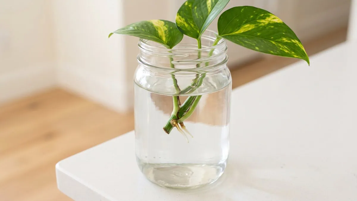 How to propagate Pothos from cuttings step by step: one cutting in water with first white roots at the node.