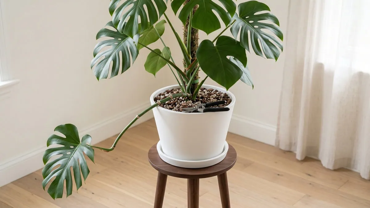 How to prune a leggy Monstera deliciosa shows in the stem: wide gaps between nodes, shears set aside.